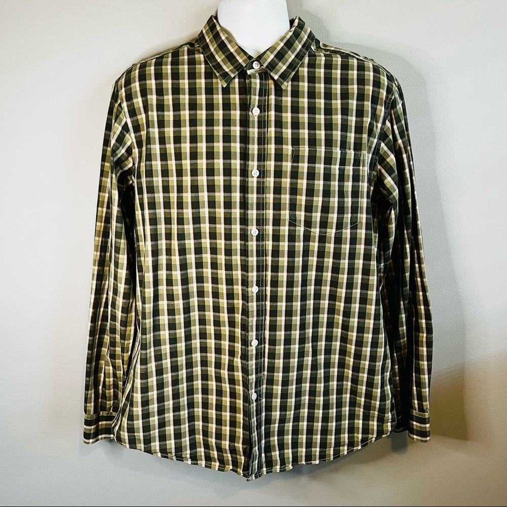Eddie Bauer Large Olive Green Plaid Long Sleeve Cotton Button Down Shirt